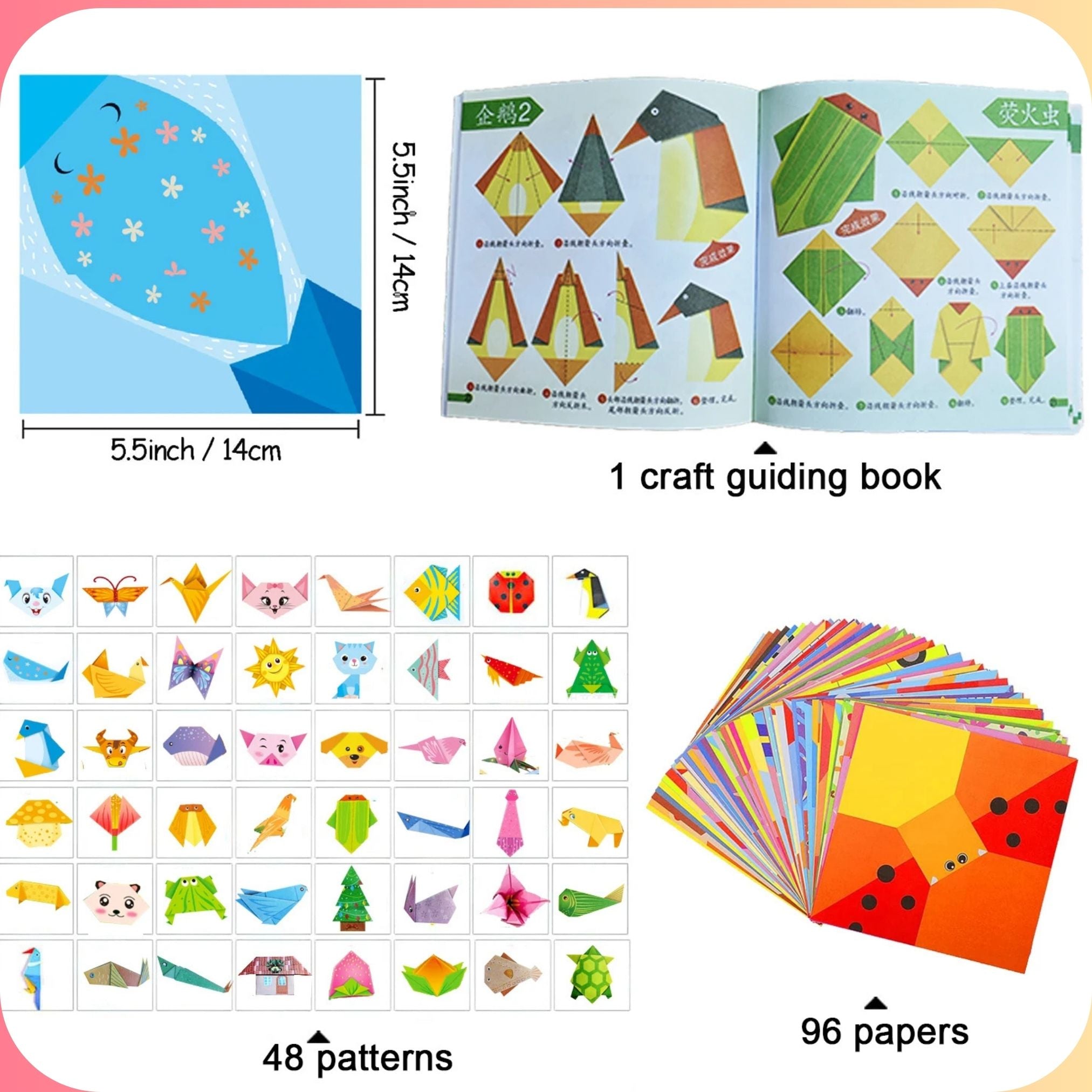Kids Origami Paper Craft Kit – 30/96 Sheets with Step-by-Step Guiding Book