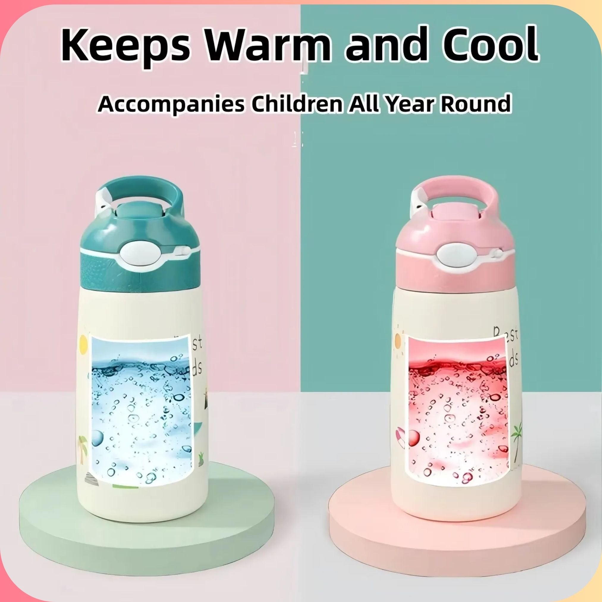 Kids 400ml Animal Thermos Water Bottle with Straw Lid
