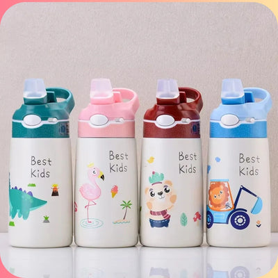 Kids 400ml Animal Thermos Water Bottle with Straw Lid
